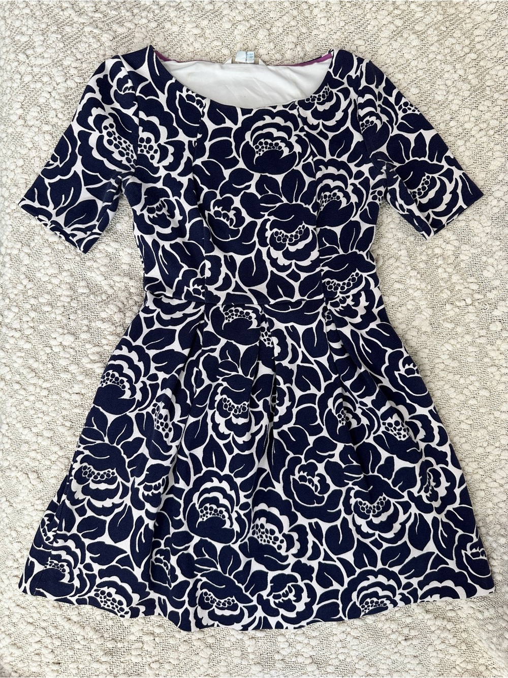 Boden Lindsey Ponte Dress Navy Cream Floral Jacquard Pleated Fit & Flare 6P